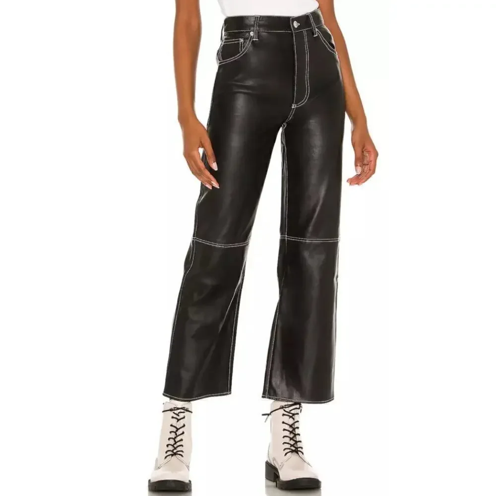 Free People The It Factor Black Vegan Leather High Rise Straight Leg Pants